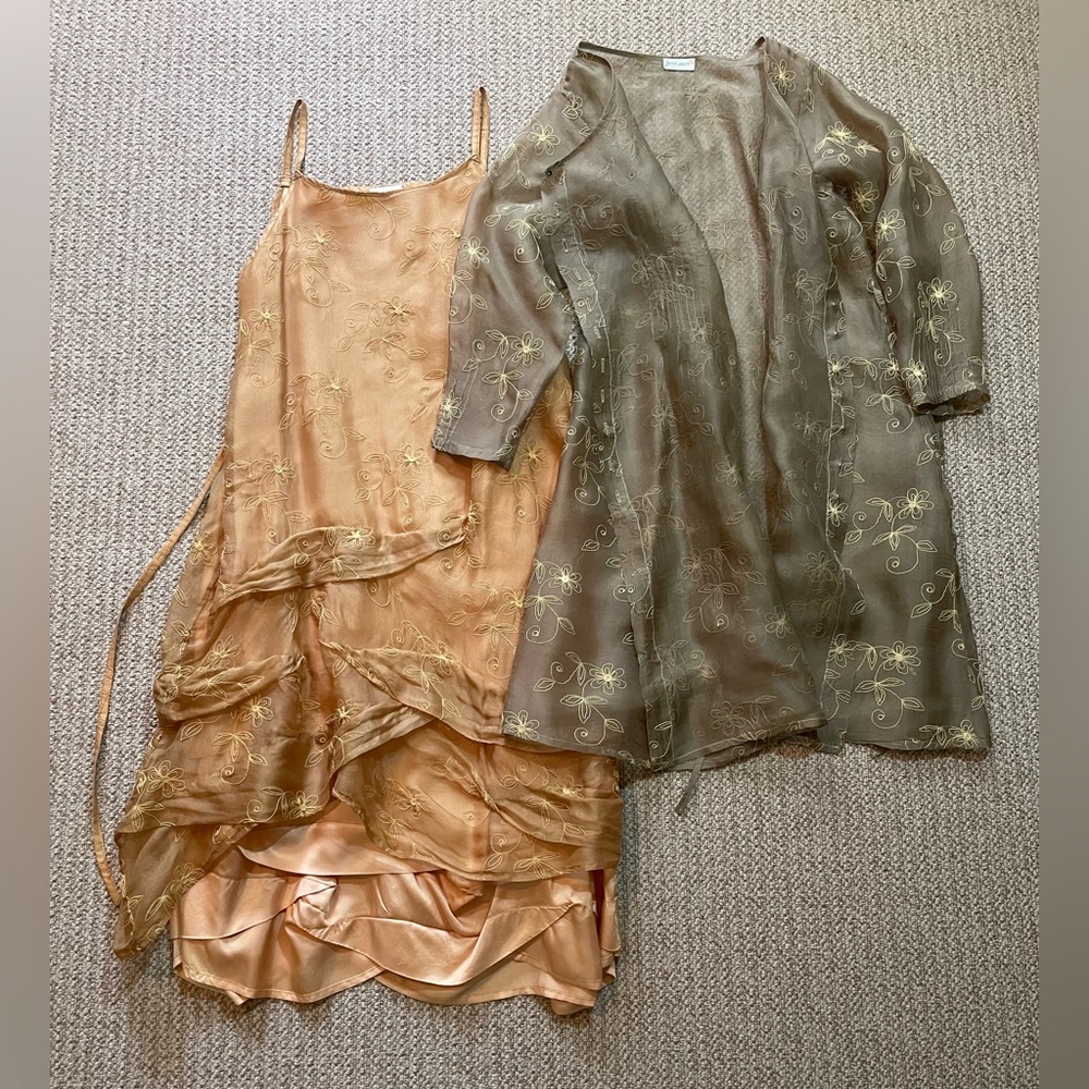 Krista Larson Silk Embroidered Slip Dress & Sheer Jacket Set O/S